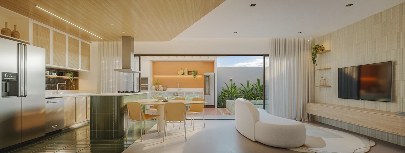 LIVING INTEGRADO COM COZINHA E QUINTAL